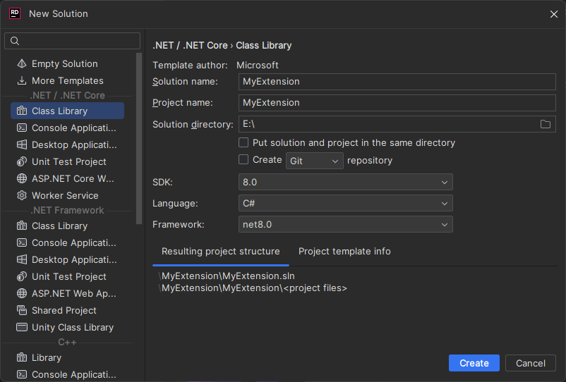 JetBrains Rider - New Solution - Selecting Class Library template