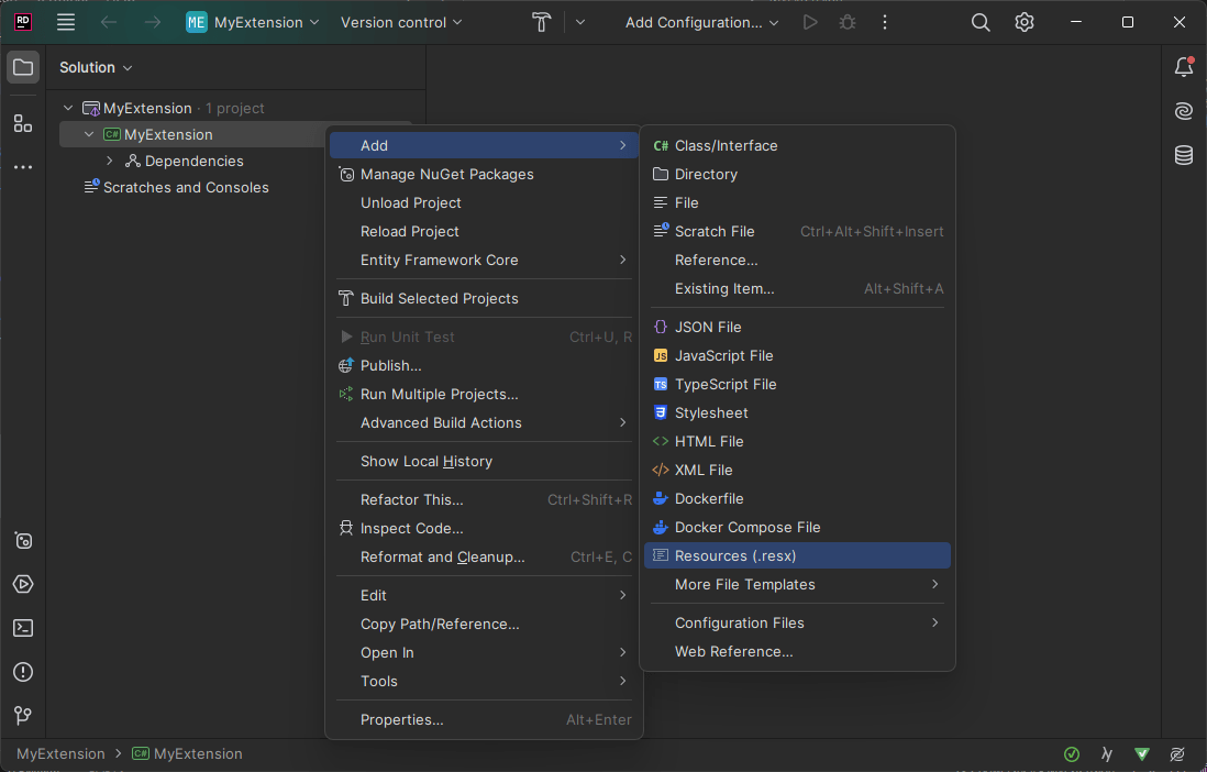 JetBrains Rider - Explorer - Add Resource file menu