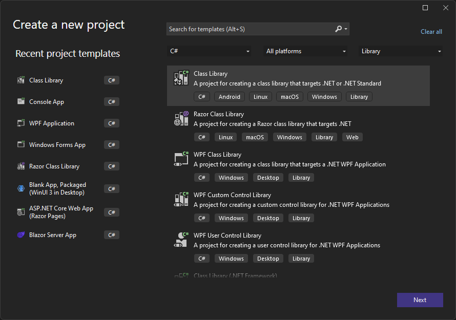 Visual Studio - Create a new project - Selecting Class Library template