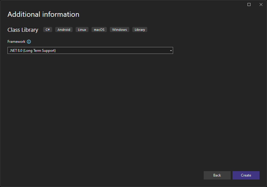Visual Studio - Create a new project - Selecting .NET 8.0 framework