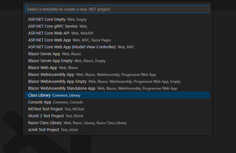 Visual Studio Code - Command Palette - Selecting Class Library item