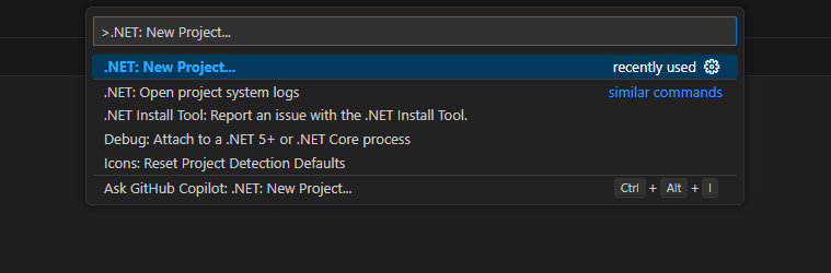 Visual Studio Code - Command Palette - Selecting .NET: New Project... item