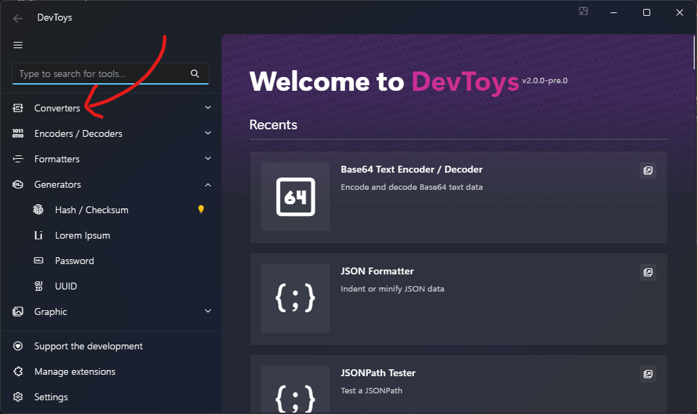 DevToys - Groups in navigation bar