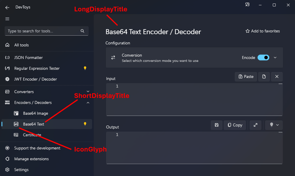 DevToys - Location of LongDisplayTitle, ShortDisplayTitle and IconGlyph