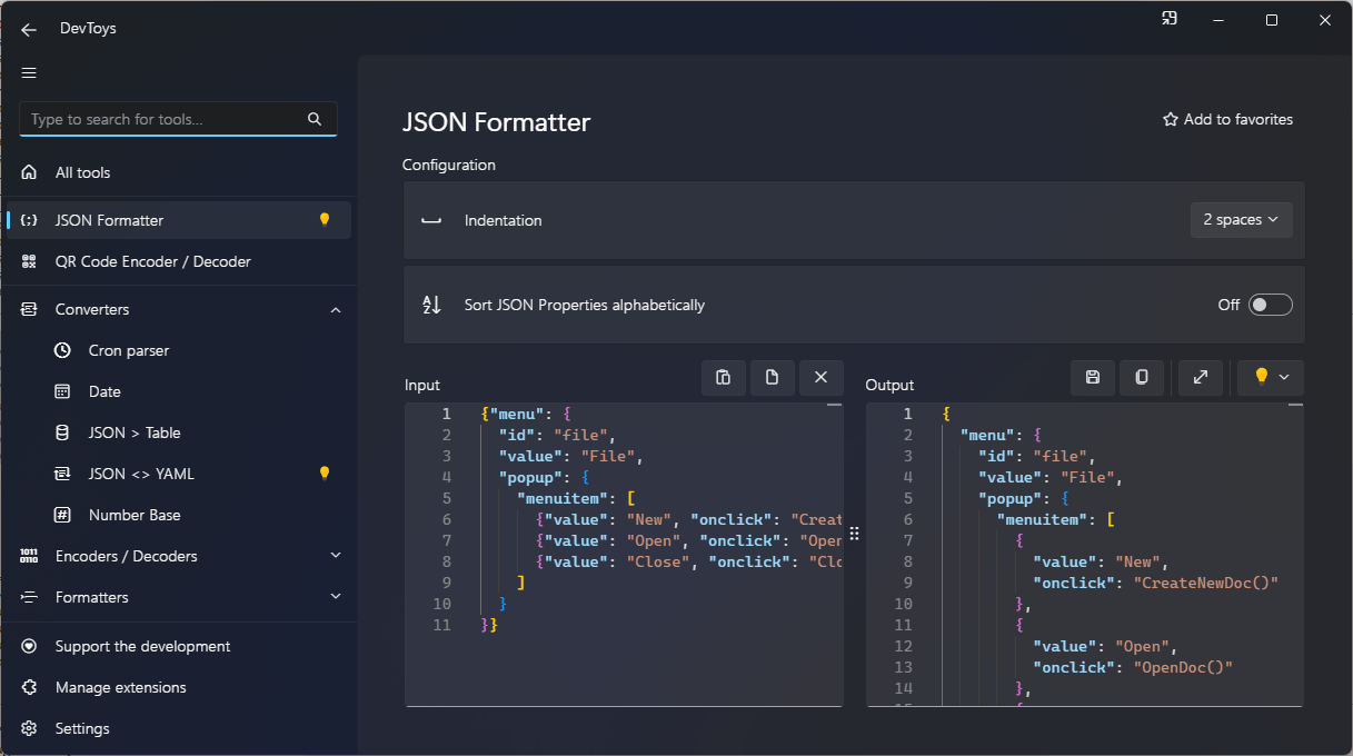 DevToys - JSON Formatter - Smart Detected input