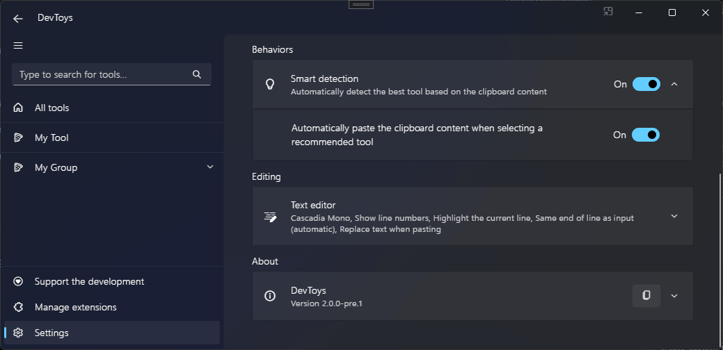 DevToys - Settings - Smart Detection settings