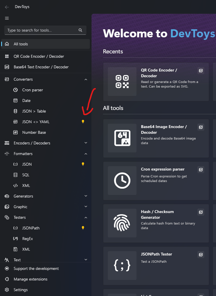 DevToys - Navigation Bar - Smart Detection